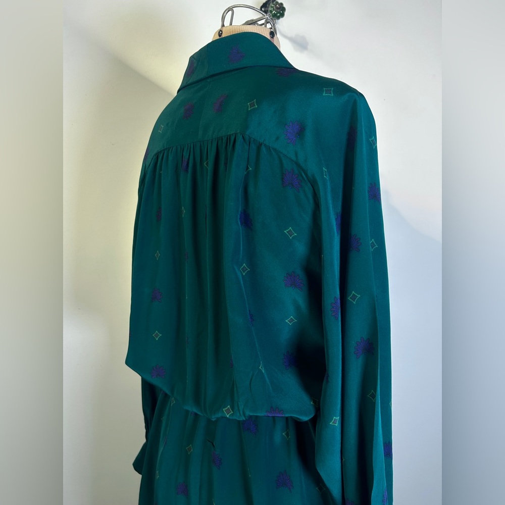 Vintage 80s/90s Liz Claiborne 100% Silk Dark Green Print Midi/Maxi Dress Size 8 - Picture 8 of 16